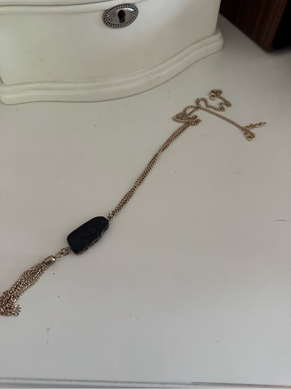 T.J.Maxx Gold-Tone Chain Necklace with Black Stone and Tassel
